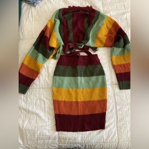 Fashion Nova Knit Multicolored Two-Piece Set - Long Sleeve Crop Top & Midi Skirt